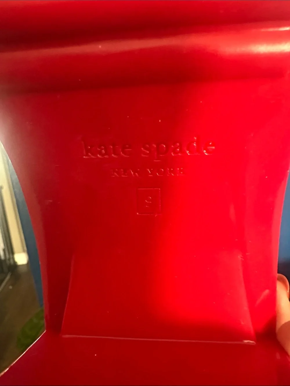 kate spade Brown Glossy Ankle Rain Boots with Red Trim